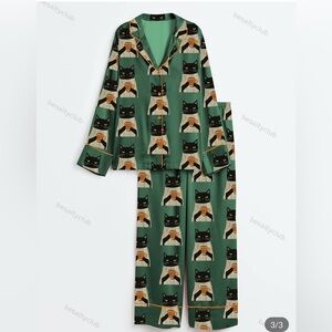 Black Cat Drinking Coffee Satin Women's Pajama Set